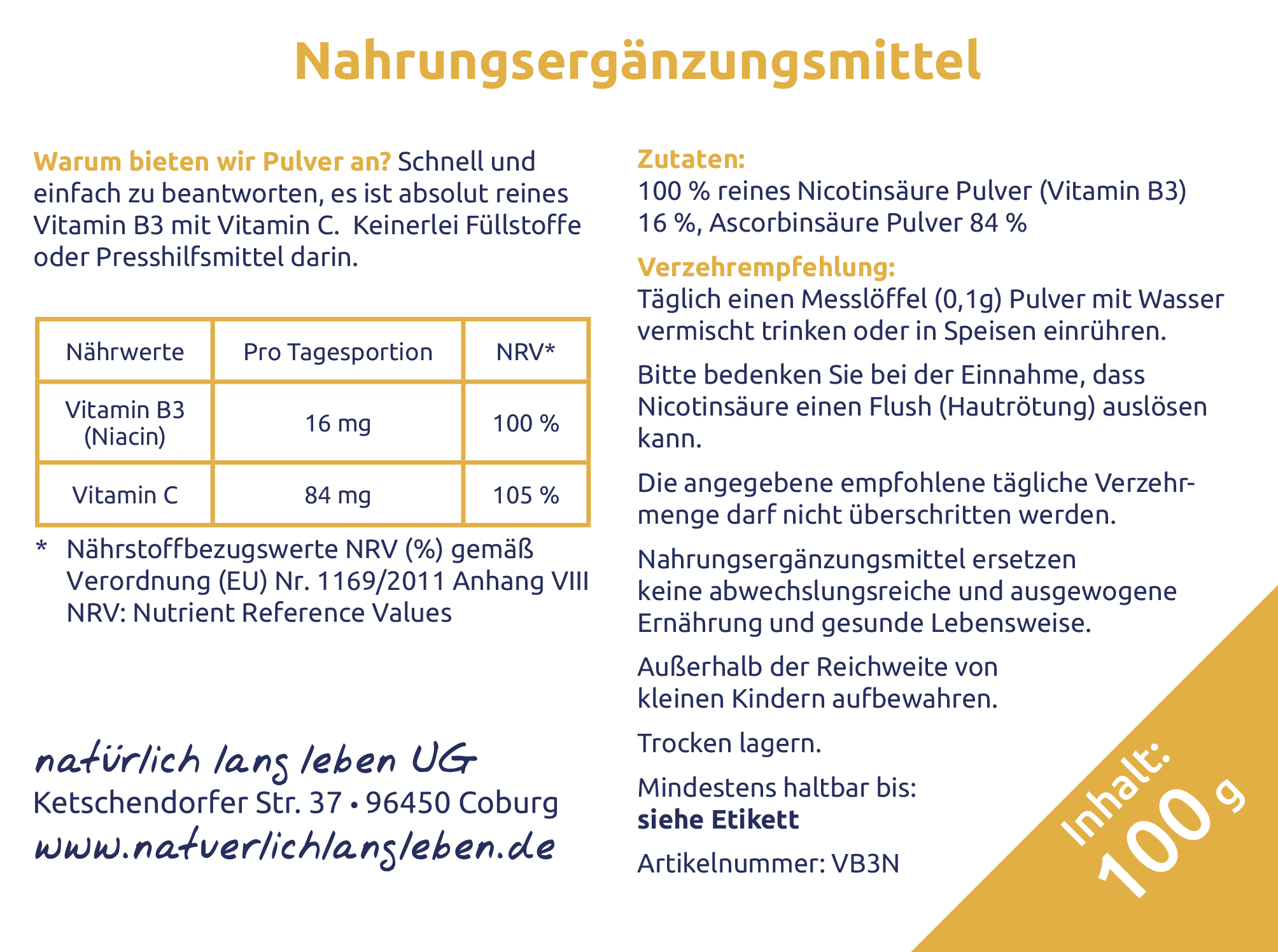 Vitamin B3 + C Pulver (reines Niacin) 100 g natürlich lang lebe